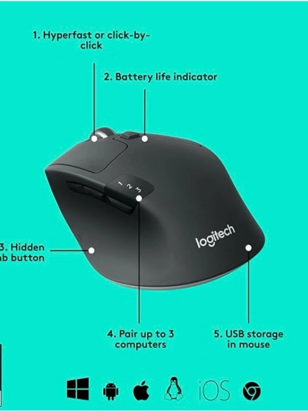 Logitech M720 Triathalon Full Size Multi-Device Wireless Mouse - Black